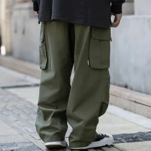 Aidase Men Green Khaki Multi-pocket Overalls Mens Loose Wide-leg Streetwear Cargo Pants Casual Straight Plus Size Trousers Boys S-XXL