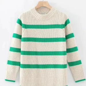 Aleger Cashmere Wide Stripe Crew Neck Sweater in Shelly and Kelly Green