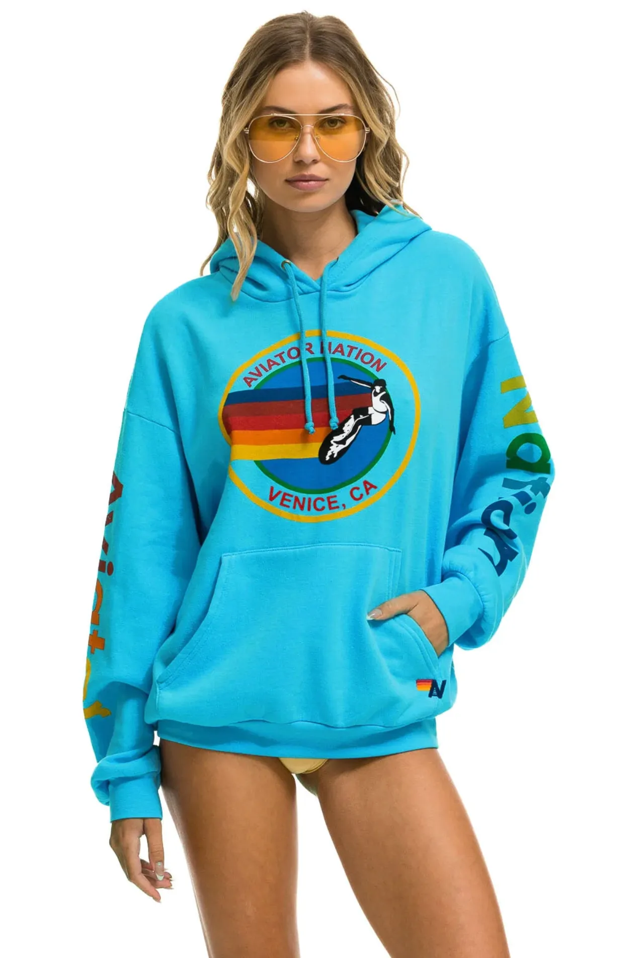 AVIATOR NATION UNISEX RELAXED PULLOVER HOODIE IN NEON BLUE