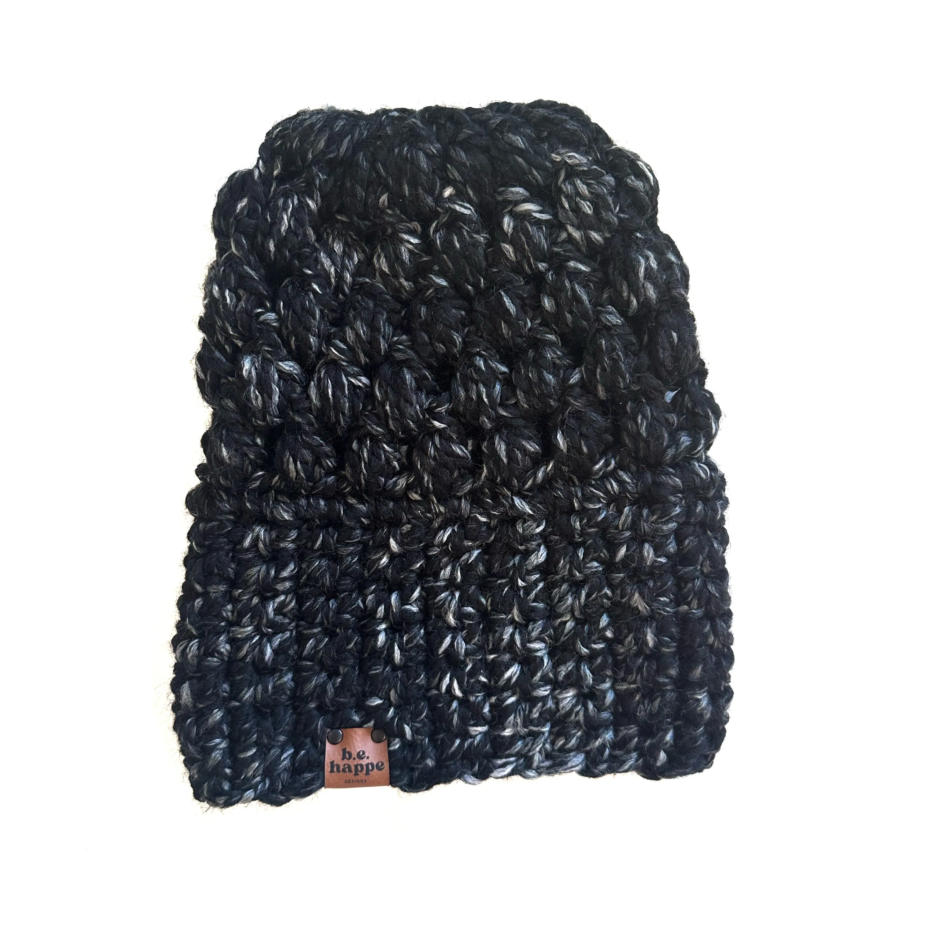 Crochet Puff Stitch Slouch Hat | Black Marble Slouchy Beanie