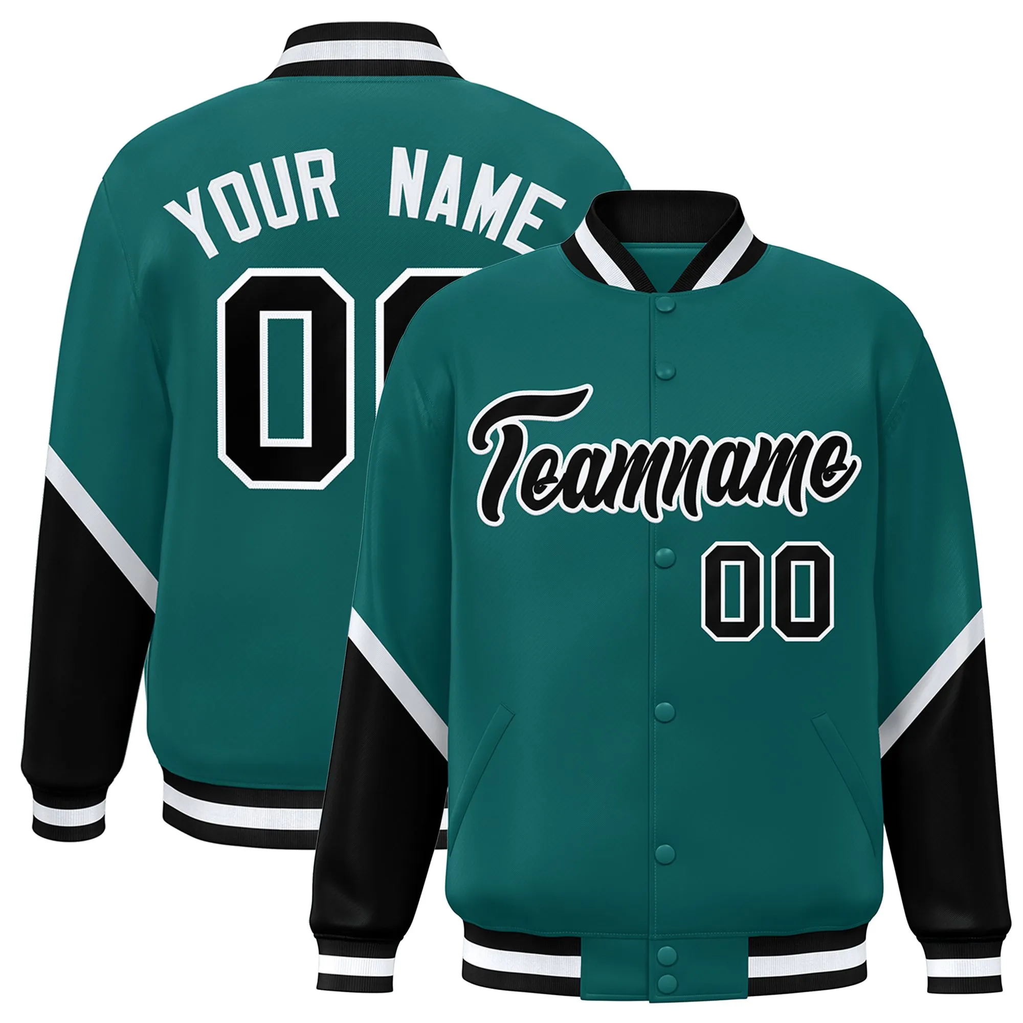 Custom Aqua Black Varsity Full-Snap Color Block Letterman Baseball Jacket