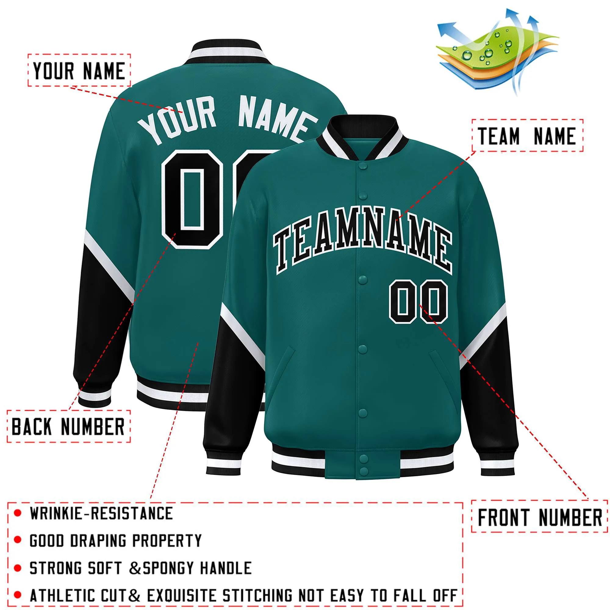 Custom Aqua Black Varsity Full-Snap Color Block Letterman Baseball Jacket