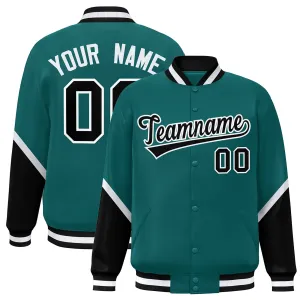 Custom Aqua Black Varsity Full-Snap Color Block Letterman Baseball Jacket