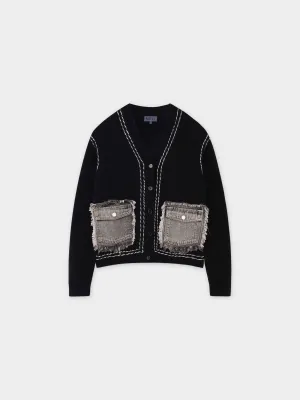 Denim Pocket Cardigan-Black