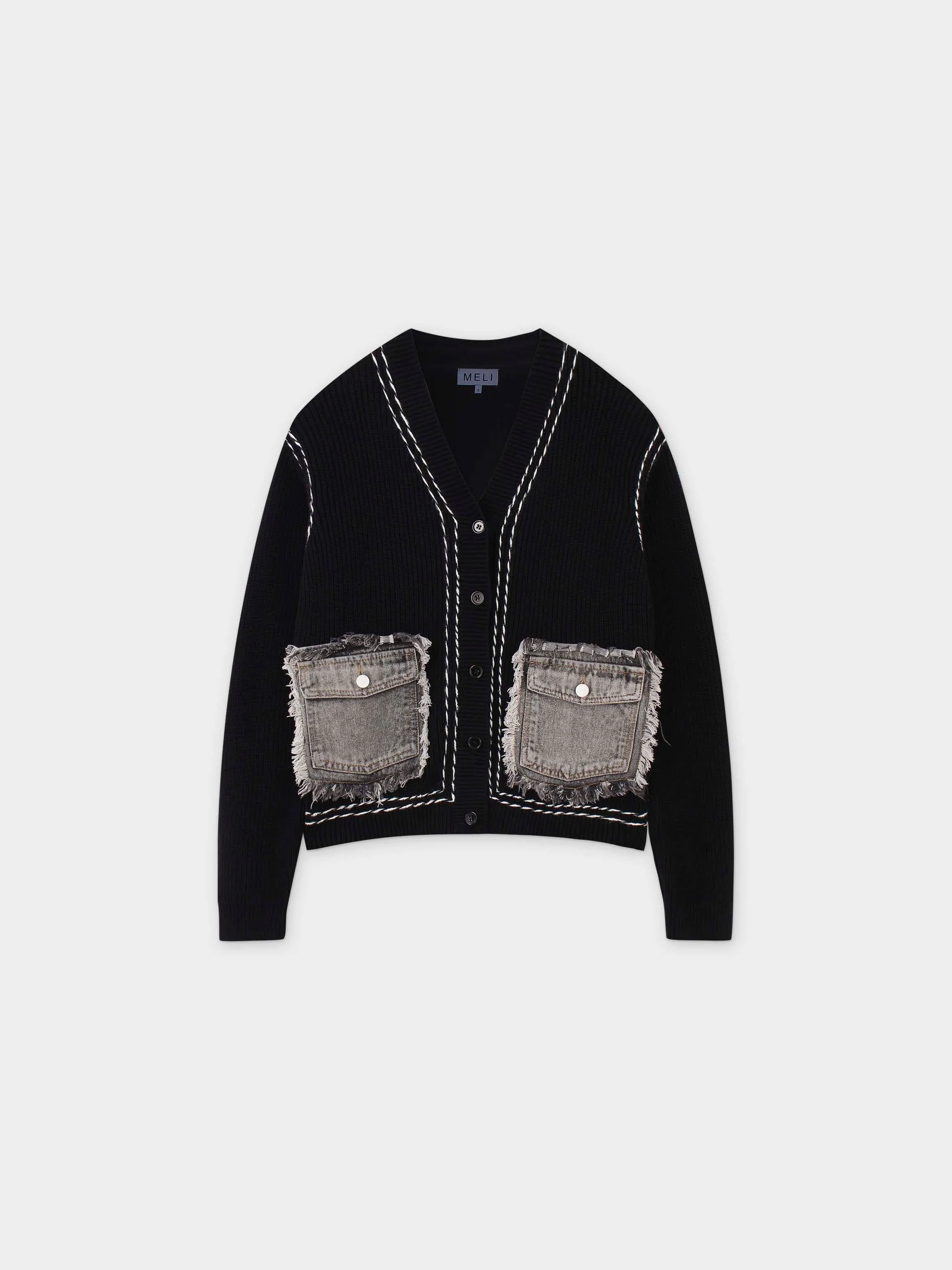 Denim Pocket Cardigan-Black