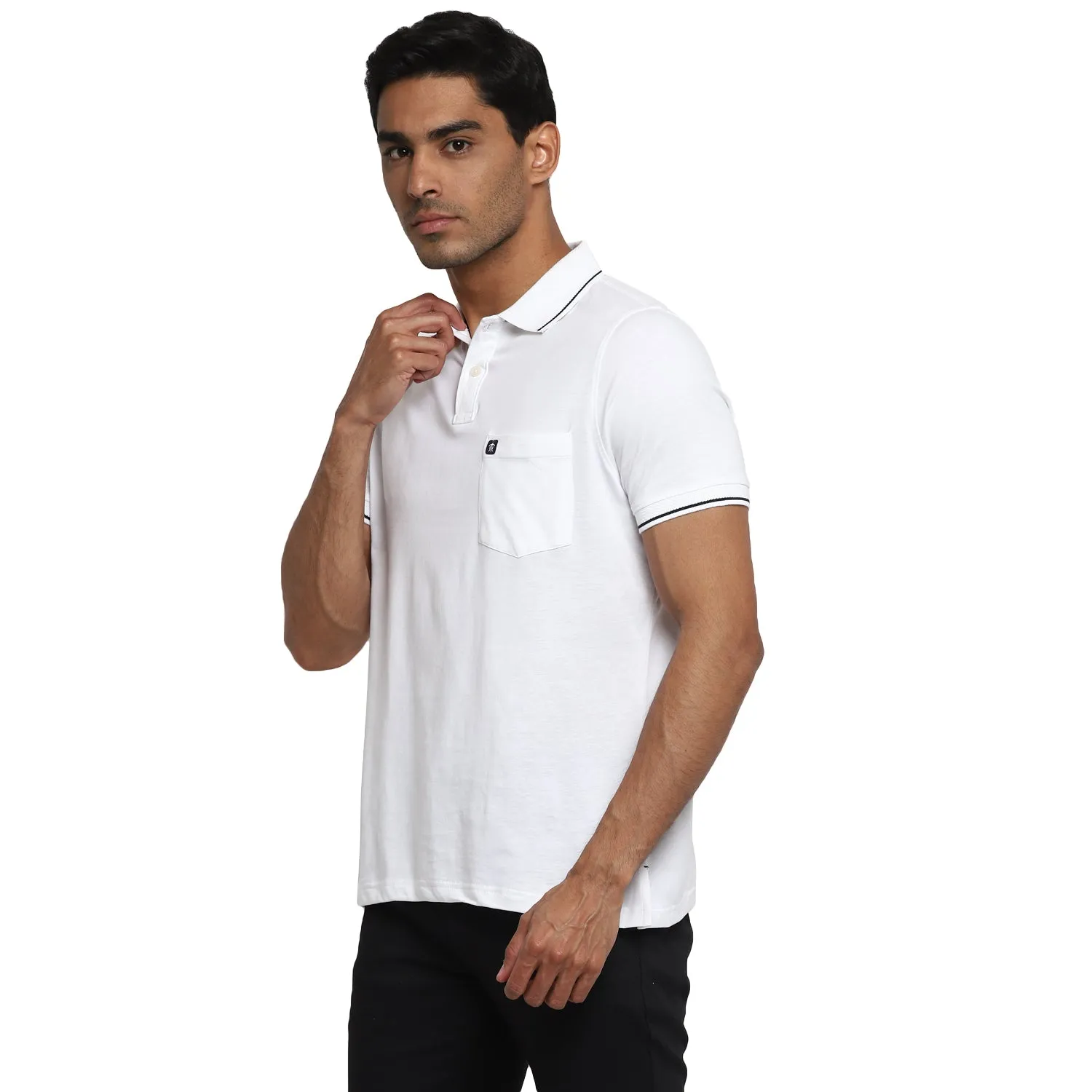 Essentials White Solid Polo Neck T-Shirt