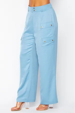 Jazzy Satin Blue Fairy Cargo Pocket Wide Leg Pants