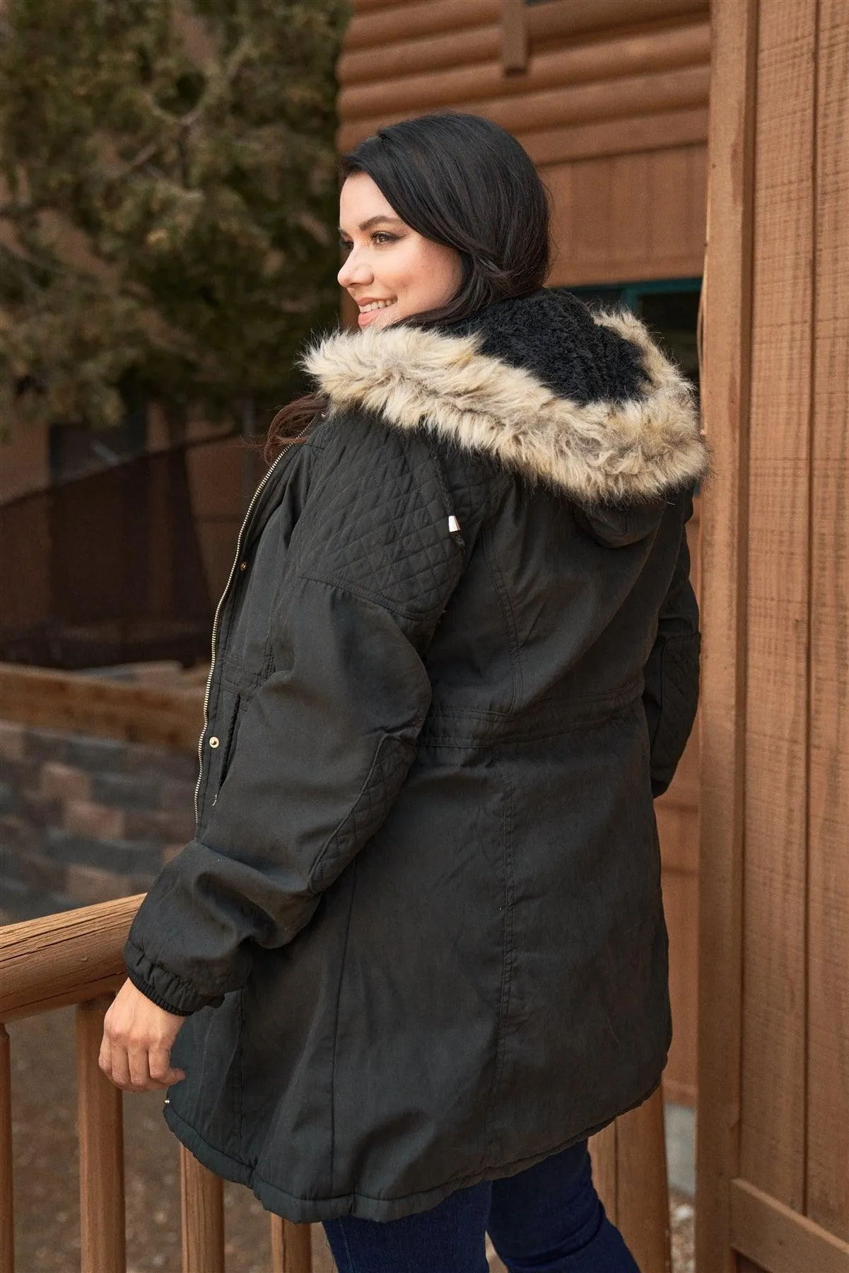 Junior Plus Size Charcoal Grey Quilted Detail Vegan Fur Cotton Twill Parka Jacket /3-2