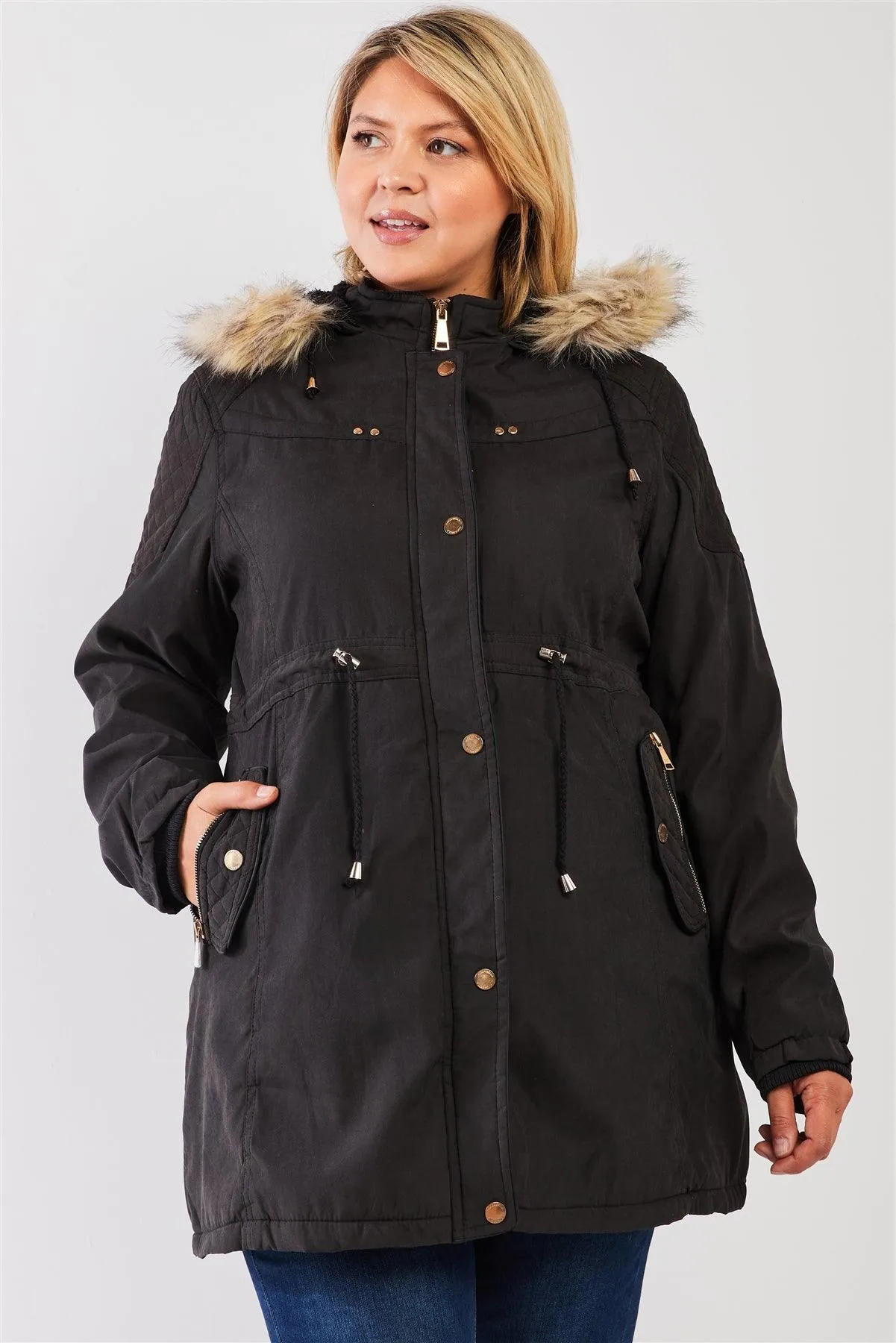 Junior Plus Size Charcoal Grey Quilted Detail Vegan Fur Cotton Twill Parka Jacket /3-2