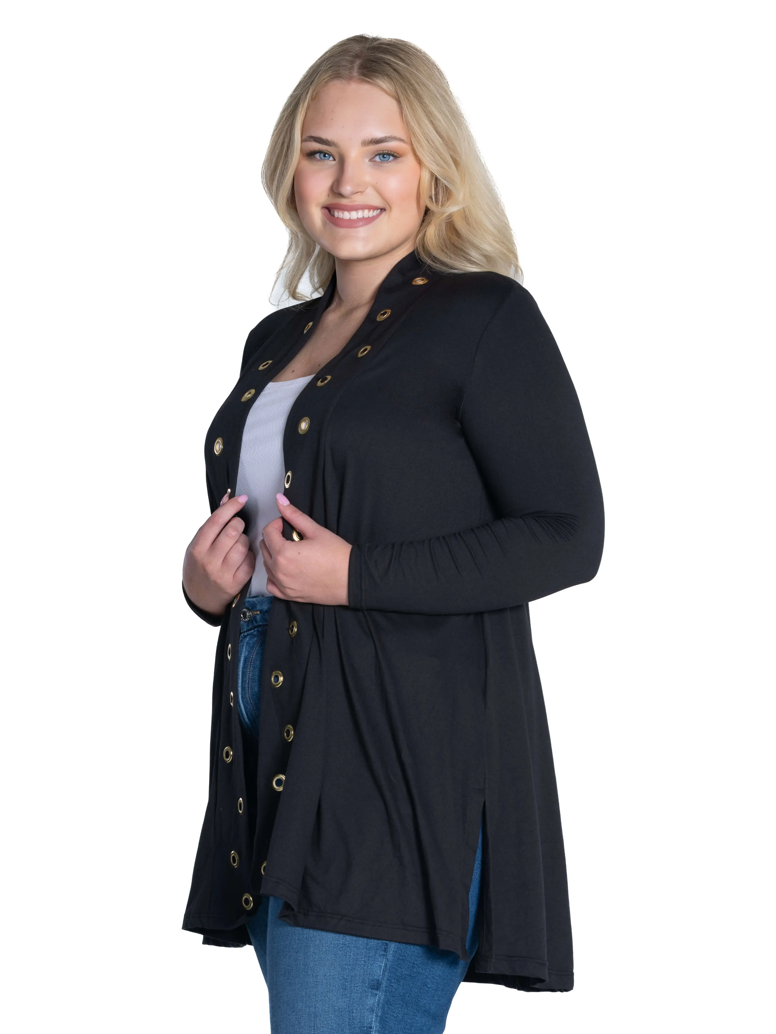 Long Sleeve Mid Thigh Open Front Plus Size Cardigan with Grommet Details