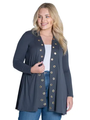 Long Sleeve Mid Thigh Open Front Plus Size Cardigan with Grommet Details