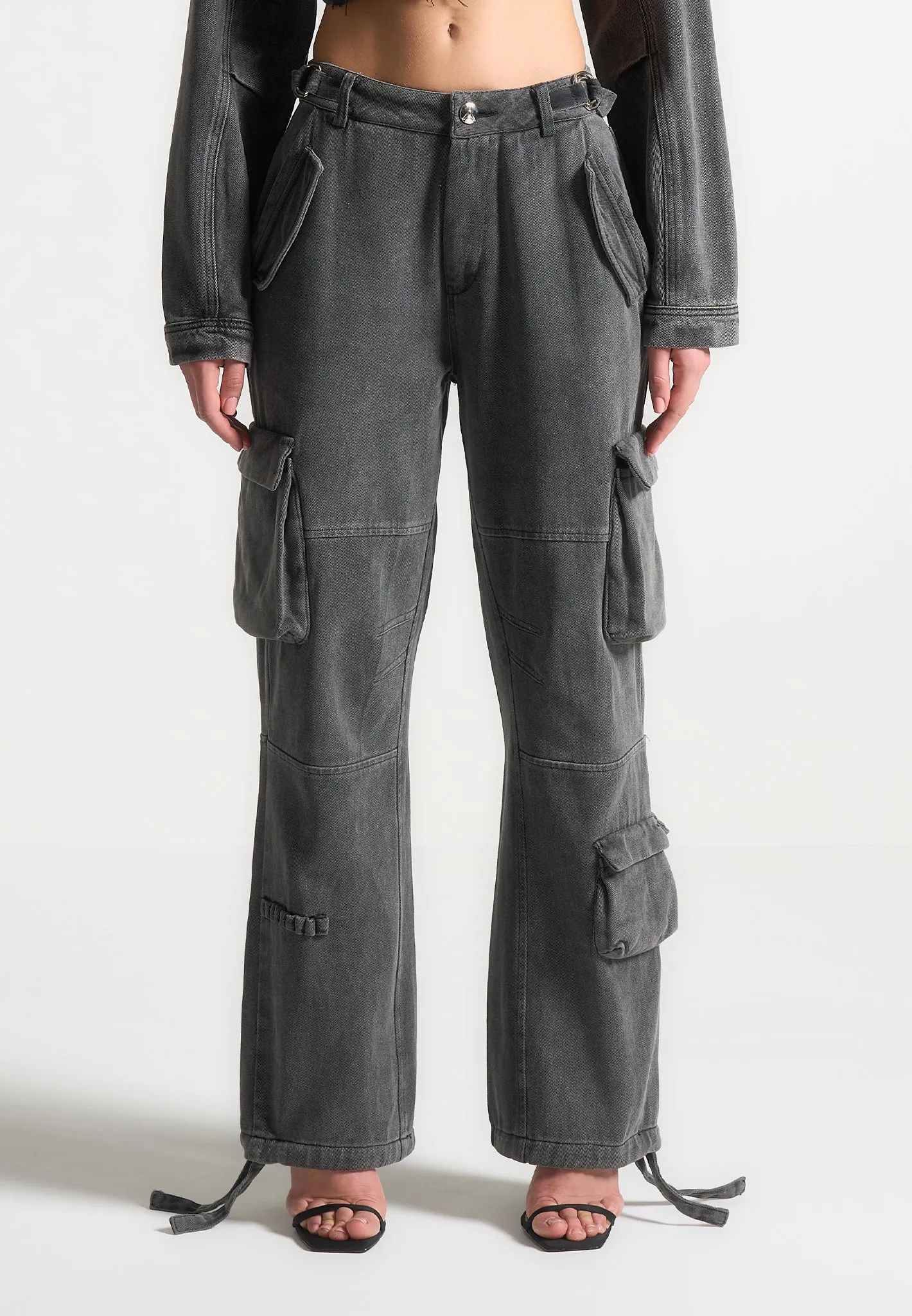 Mid Rise Cargo Pants - Washed Grey