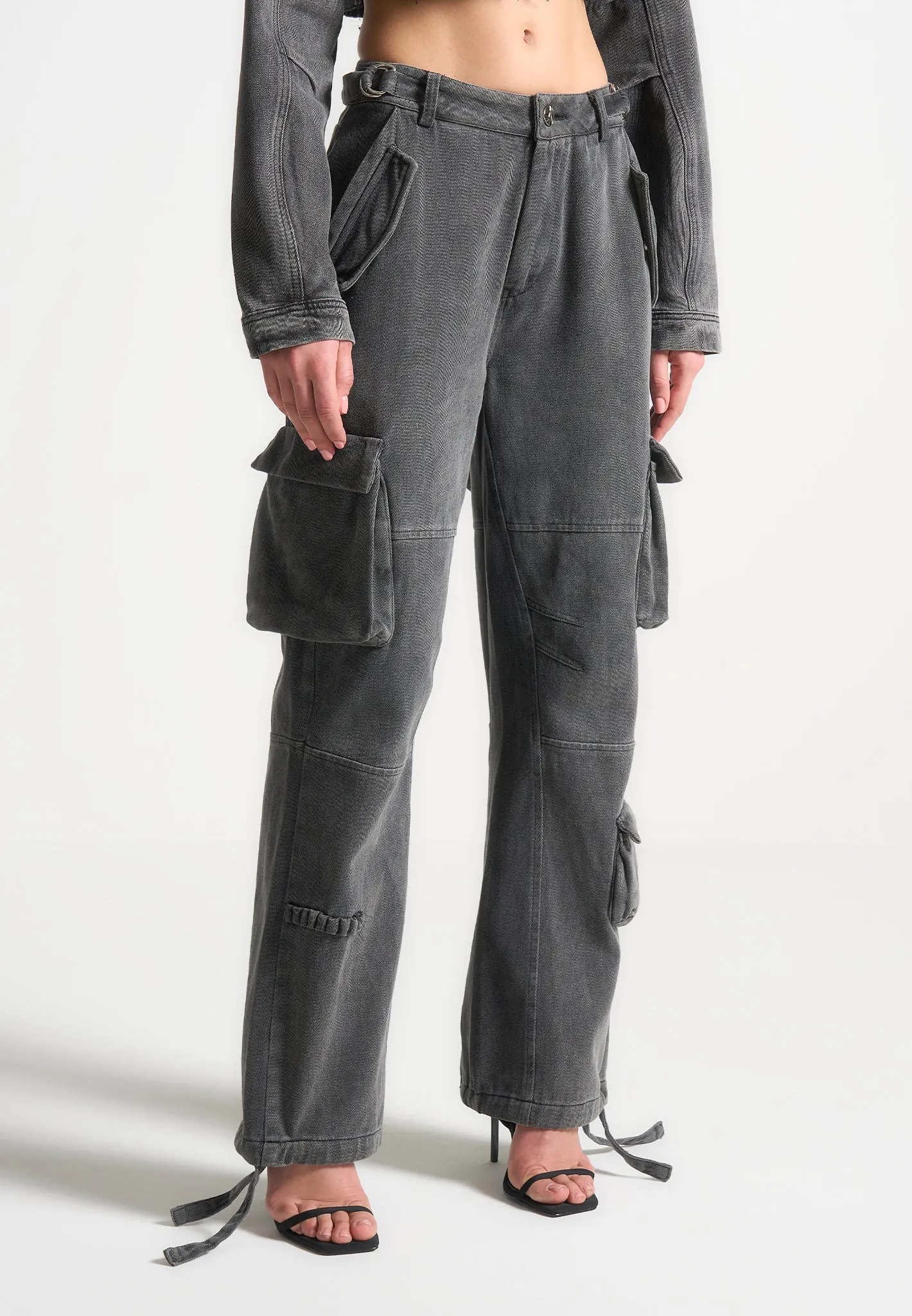 Mid Rise Cargo Pants - Washed Grey