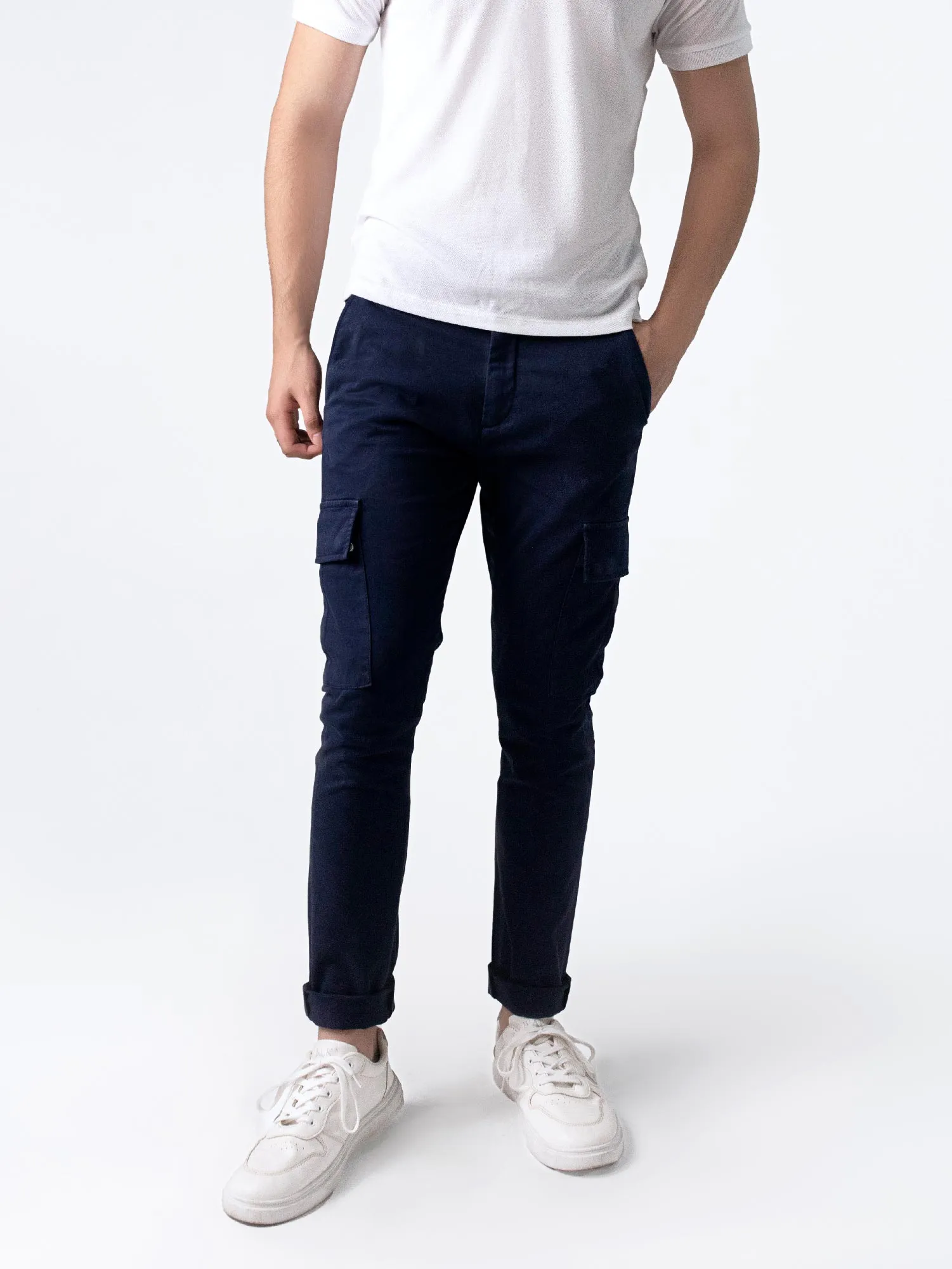 Navy Cargo Pockets Slim Fit Chino Pants