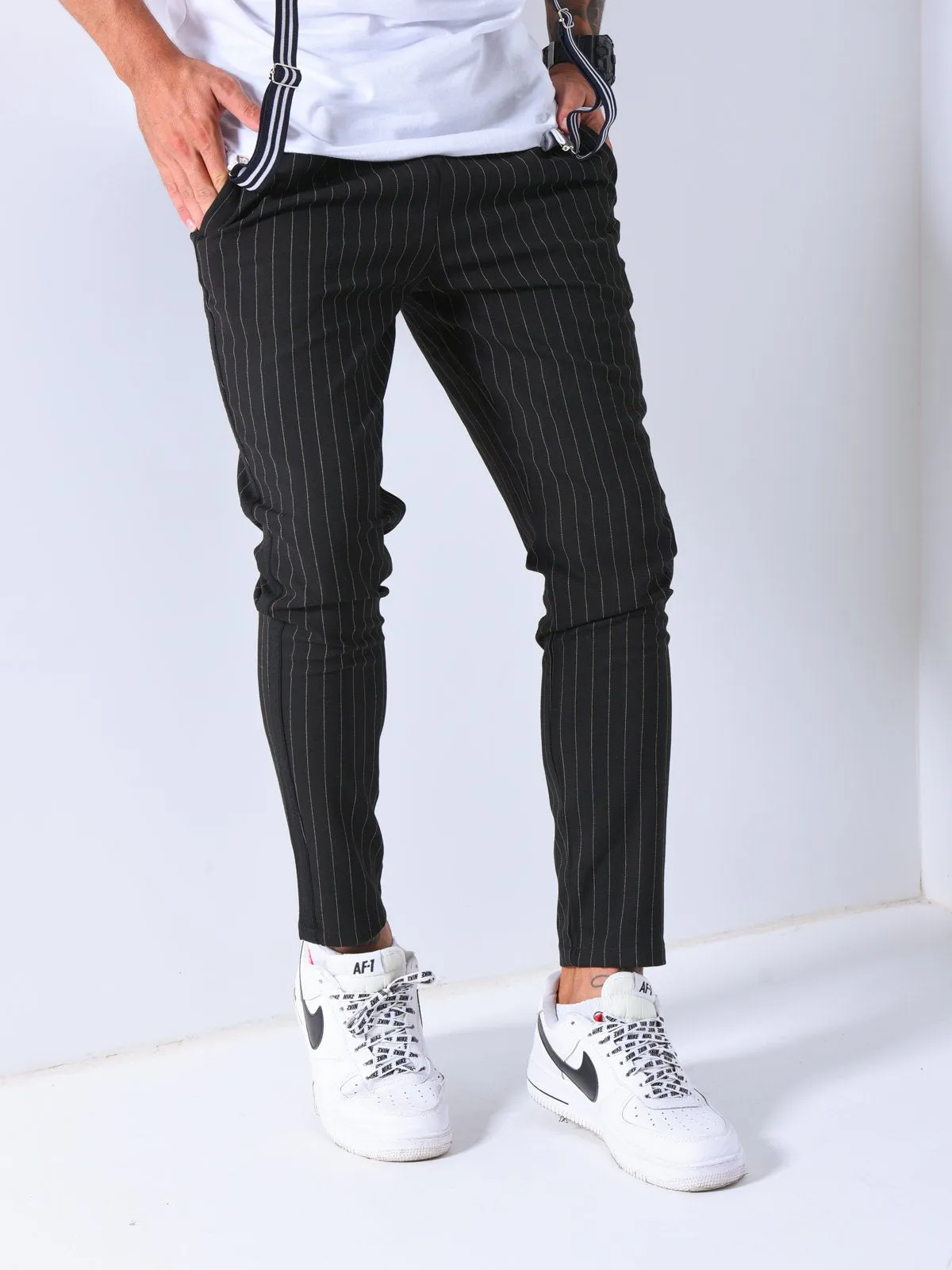 Premium Striped Ankle Pants - Black