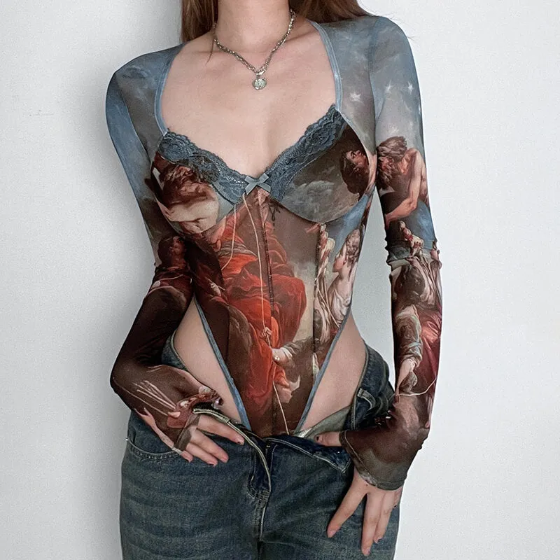 Renaissance Art Print Mesh Aesthetic Bodysuit