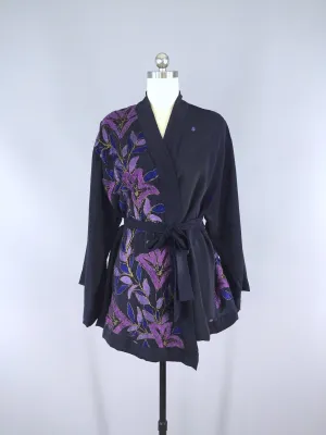 Silk Kimono Cardigan / Vintage Indian Sari / Navy Blue & Purple Embroidery