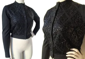 Vintage 60s Cardigan Black Sequin Lambswool Sweater Saks 5th Av - M