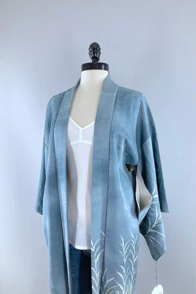 Vintage Blue Ferns Silk Kimono Cardigan