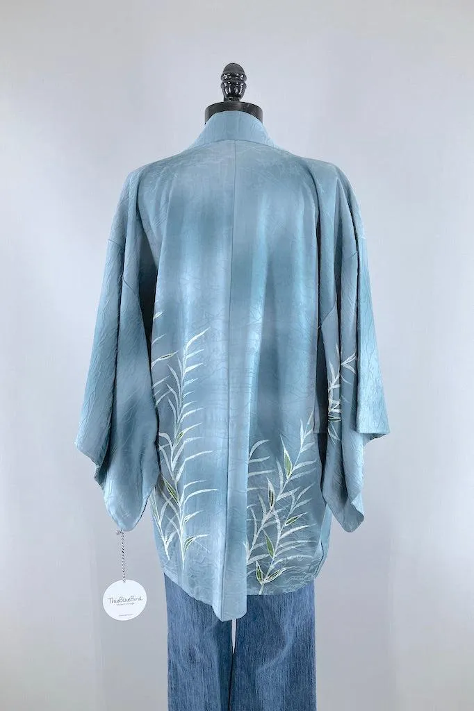 Vintage Blue Ferns Silk Kimono Cardigan