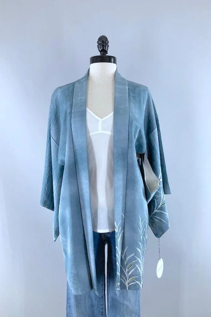 Vintage Blue Ferns Silk Kimono Cardigan