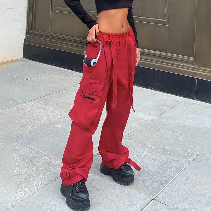 Women's Hip Hop Wide Belted Red Cargo Pants